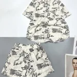 Đồ bộ tơ xước quần đùi áo sơ mi tay ngắn cổ bẻ in hoạ tiết