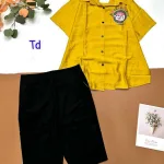 Đồ bộ tơ xước quần ngố đen áo sơ mi tay ngắn in hình bên trái
