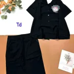 Đồ bộ tơ xước quần ngố đen áo sơ mi tay ngắn in hình bên trái