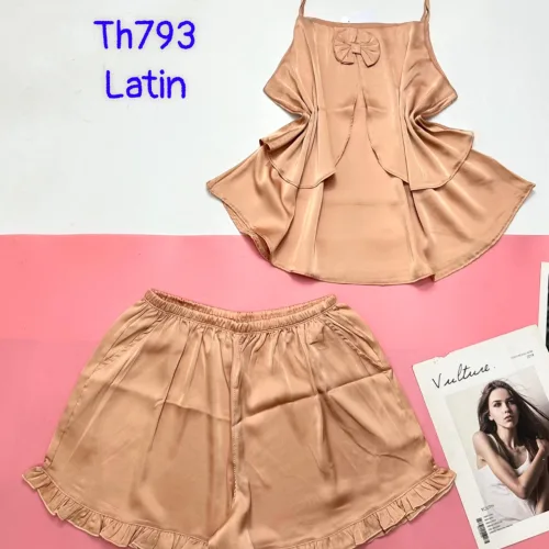 Đồ bộ trơn quần đùi latin áo có nơ nhỏ 2 dây