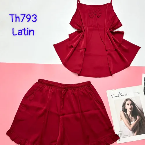 Đồ bộ trơn quần đùi latin áo có nơ nhỏ 2 dây