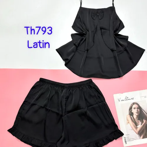 Đồ bộ trơn quần đùi latin áo có nơ nhỏ 2 dây