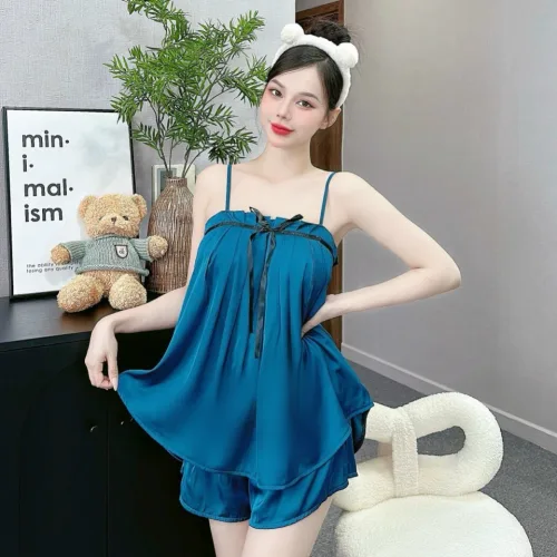 Đồ bộ trơn quần đùi latin áo hai dây xếp bèo nơ trước siêu mát
