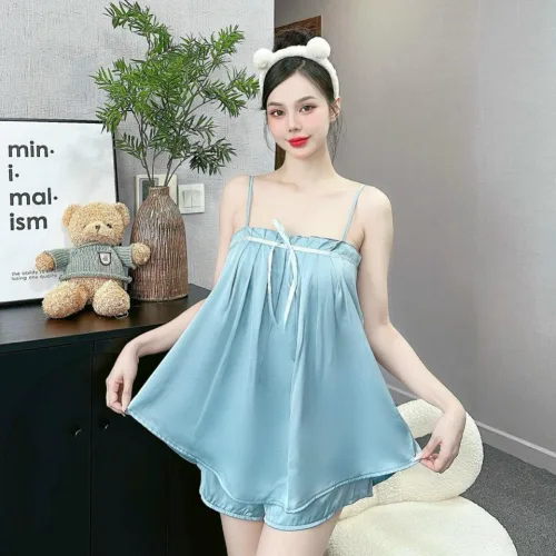 Đồ bộ trơn quần đùi latin áo hai dây xếp bèo nơ trước siêu mát