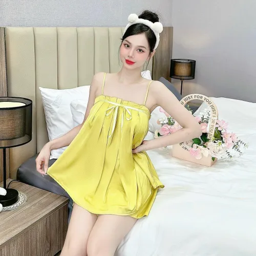 Đồ bộ trơn quần đùi latin áo hai dây xếp bèo nơ trước siêu mát