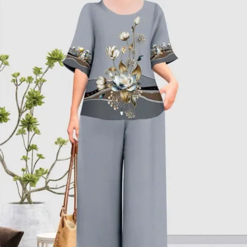 Đồ bộ trung niên đính đá la tin quần dài in bông có 3 size