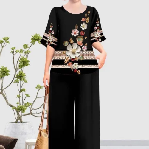 Đồ bộ trung niên đính đá la tin quần dài in bông có 3 size
