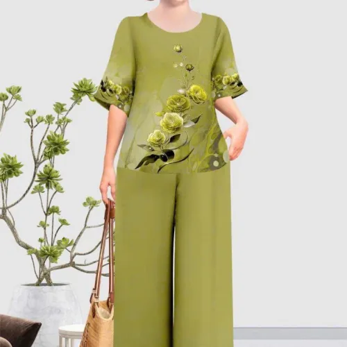 Đồ bộ trung niên đính đá la tin quần dài in bông có 3 size