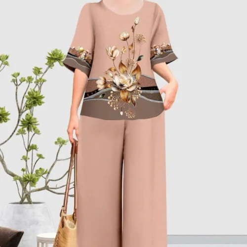 Đồ bộ trung niên đính đá la tin quần dài in bông có 3 size
