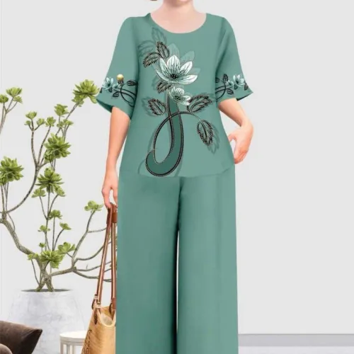 Đồ bộ trung niên đính đá la tin quần dài in bông có 3 size