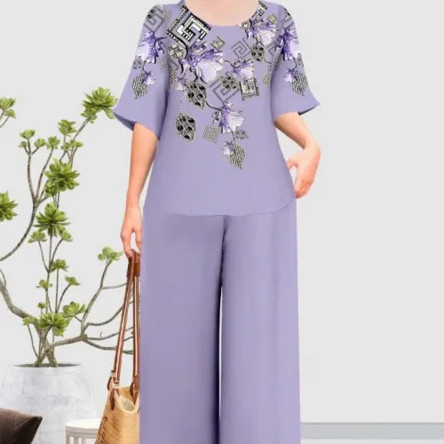 Đồ bộ trung niên đính đá la tin quần dài in bông có 3 size