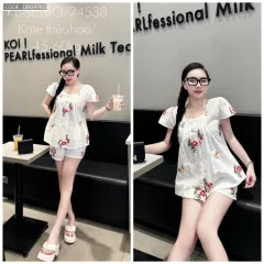 Đồ bộ vải kate thêu form đại quần đùi áo may xoè