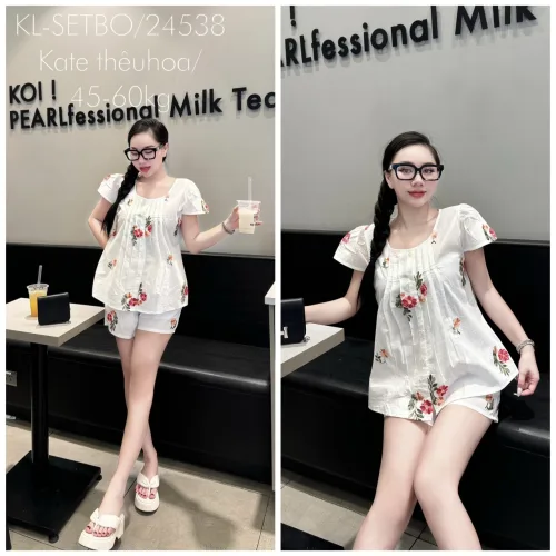 Đồ bộ vải kate thêu form đại quần đùi áo may xoè
