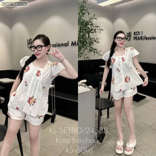 Đồ bộ vải kate thêu form đại quần đùi áo may xoè