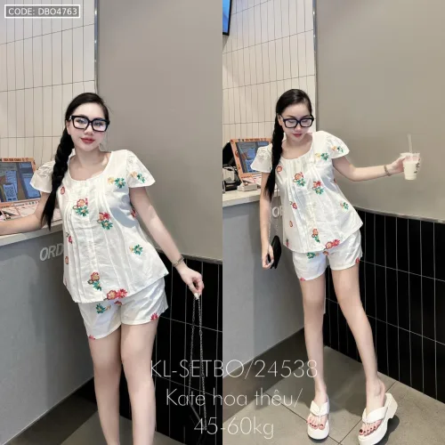 Đồ bộ vải kate thêu form đại quần đùi áo may xoè