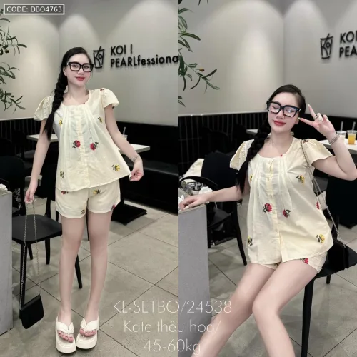 Đồ bộ vải kate thêu form đại quần đùi áo may xoè