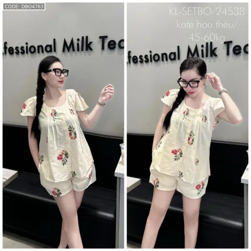 Đồ bộ vải kate thêu form đại quần đùi áo may xoè