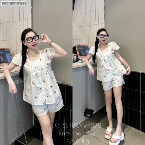 Đồ bộ vải kate thêu form đại quần đùi áo may xoè