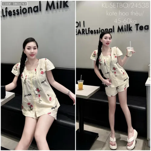 Đồ bộ vải kate thêu form đại quần đùi áo may xoè