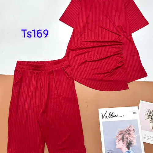 Đồ bộ vải tăm đũa quần ngố áo tay ngắn trơn nhún bên hông xẻ tà áo