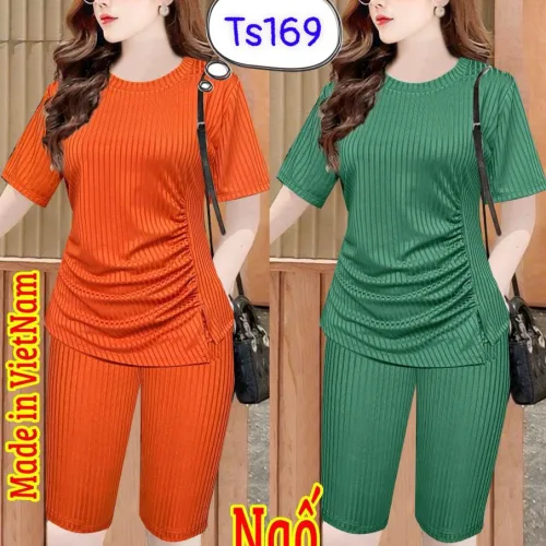 Đồ bộ vải tăm đũa quần ngố áo tay ngắn trơn nhún bên hông xẻ tà áo