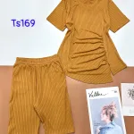Đồ bộ vải tăm đũa quần ngố áo tay ngắn trơn nhún bên hông xẻ tà áo