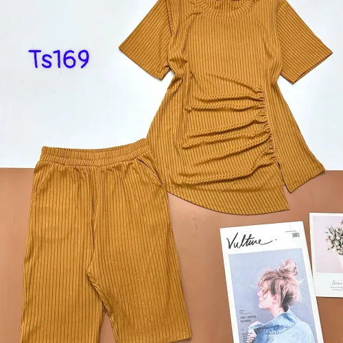 Đồ bộ vải tăm đũa quần ngố áo tay ngắn trơn nhún bên hông xẻ tà áo