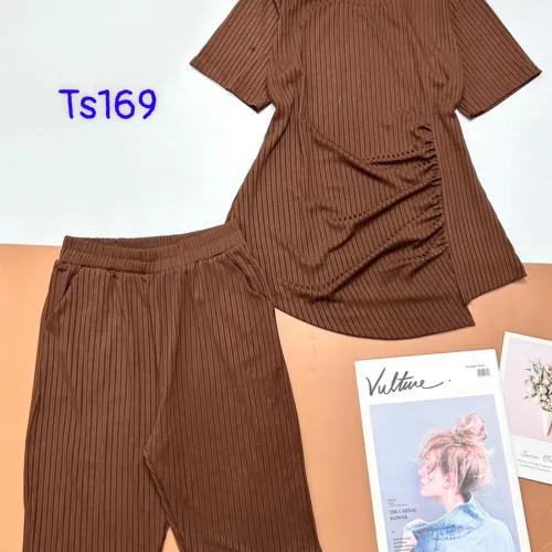Đồ bộ vải tăm đũa quần ngố áo tay ngắn trơn nhún bên hông xẻ tà áo