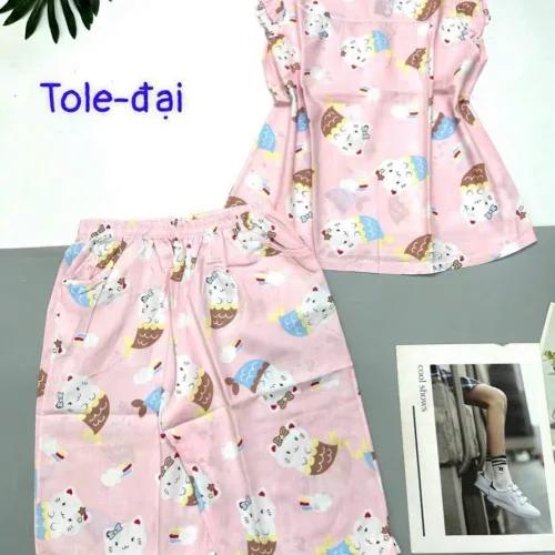 Đồ bộ vải tole quần lửng áo sát nách bèo hình bông thú
