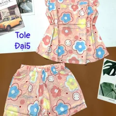 Đồ bộ vải tonl form lớn quần đùi áo sát nách bèo in hoạ tiết
