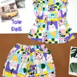Đồ bộ vải tonl form lớn quần đùi áo sát nách bèo in hoạ tiết