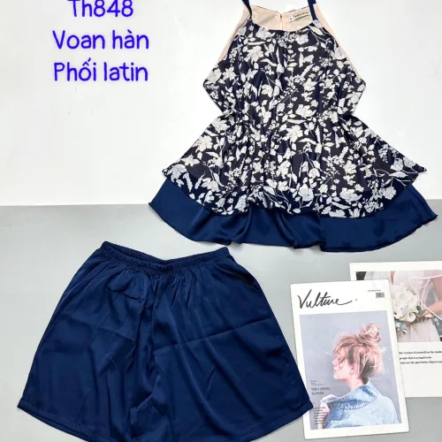 Đồ bộ voan hàn quần dài áo sát nách hoạ tiết hoa