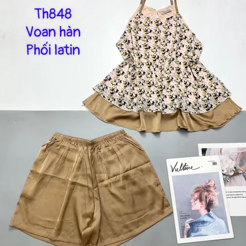 Đồ bộ voan hàn quần dài áo sát nách hoạ tiết hoa