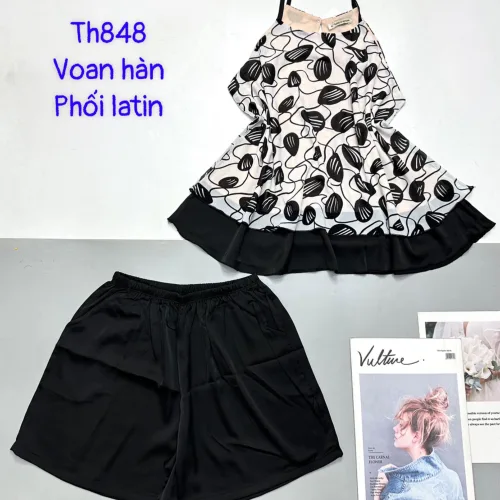 Đồ bộ voan hàn quần dài áo sát nách hoạ tiết hoa