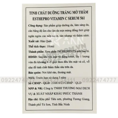 Serum Vitamin C Serum 561 Esthepro Hỗ Trợ Dưỡng Trắng Da 100ml