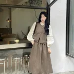 Sét 3 món áo trắng xếp li ngực phối ghi lê nâu túi + chân váy midi