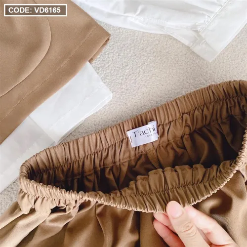 Sét 3 món áo trắng xếp li ngực phối ghi lê nâu túi + chân váy midi