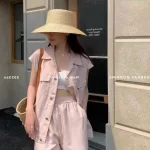 Sét 3 món kaki hồng kèm áo crop 2 dây trắng + short