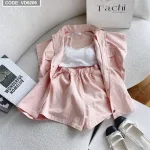Sét 3 món kaki hồng kèm áo crop 2 dây trắng + short