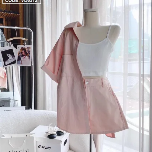 Sét 3 món kaki hồng kèm áo crop trắng 2 dây + short