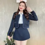 Sét 3 món khoác dạ jean tưa + sơ mi trắng cổ sen viền + chân váy