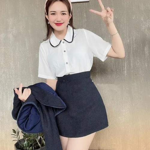 Sét 3 món khoác dạ jean tưa + sơ mi trắng cổ sen viền + chân váy