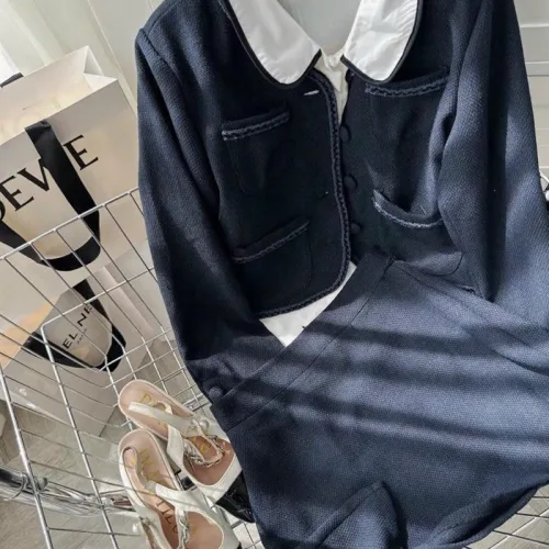 Sét 3 món khoác dạ jean tưa + sơ mi trắng cổ sen viền + chân váy