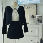 Sét 3 món khoác dạ jean tưa + sơ mi trắng cổ sen viền + chân váy