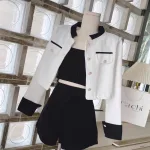 Sét 3 món khoác dạ trắng viền đen + crop 2 dây + short