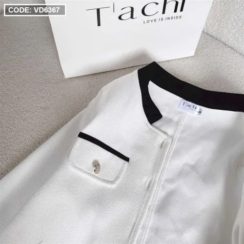 Sét 3 món khoác dạ trắng viền đen + crop 2 dây + short