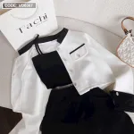 Sét 3 món khoác dạ trắng viền đen + crop 2 dây + short