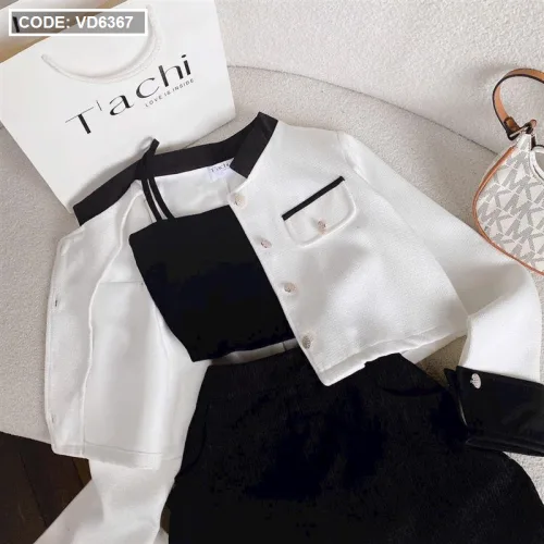 Sét 3 món khoác dạ trắng viền đen + crop 2 dây + short