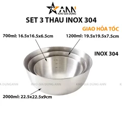 Set 3 Thau Inox 304 Trộn Salad Có Vạch Chia Dung Tích