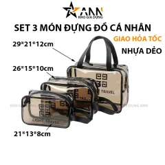 Set 3 Túi Đựng Đồ Dùng Cá Nhân - Túi Đựng Mỹ Phẩm Trang Điểm - Nhựa Trong Suốt Chống Thấm